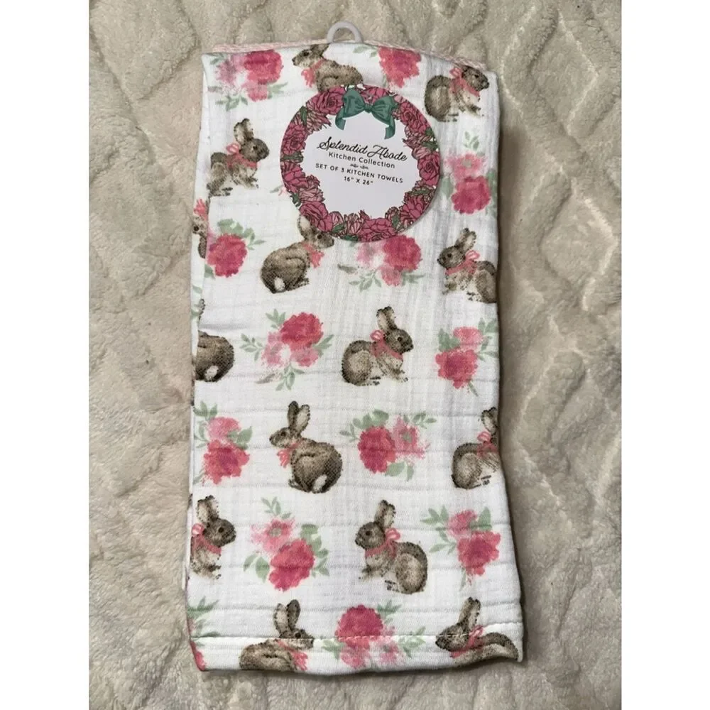 SA Easter Bunny Floral White Pink Muslin Cotton Tea Kitchen Towels Set of 3